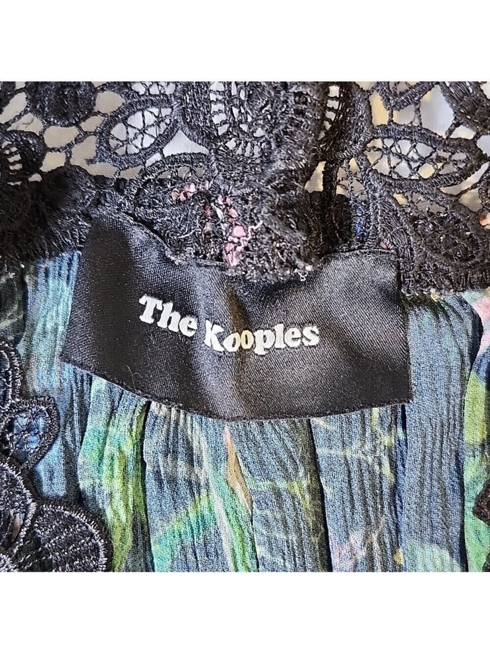 The Kooples Black Floral Midi Dress Lace Inset Top Size Medium Puff Sleeves - Picture 4 of 10